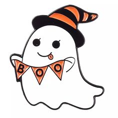 a white ghost with a black hat and orange scarf