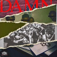 the book cover for damn, with torn paper and images of people on it's pages