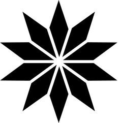 a black and white snowflake with four pointed petals in the center, on a white background