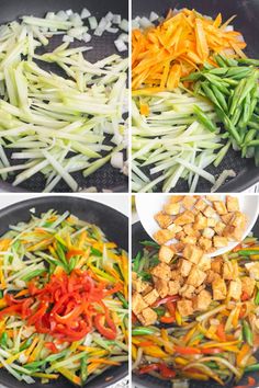 four pictures show the process of cooking vegetables