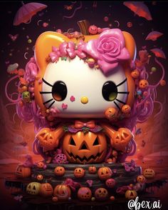 a hello kitty doll with pumpkins and roses