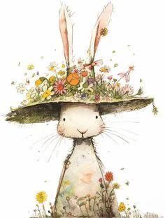 a watercolor painting of a rabbit wearing a hat with flowers on it's head