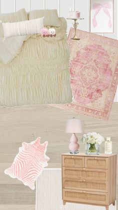 a bedroom with pink and white decor on the walls, bedding and rugs