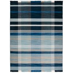 a blue and gray plaid rug on a white background