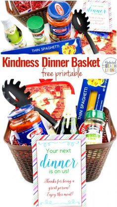 a basket full of food with the text kind of dinner basket free printable