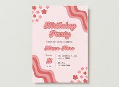 a pink birthday party card with flowers on it