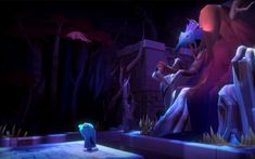 an animated scene with monsters in the background