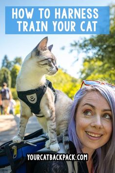 a woman standing next to a cat on top of a car with the caption how to harness your cat