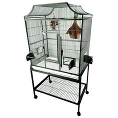 a large bird cage on wheels with two doors and one door open to the other side