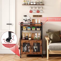 the coffee bar is next to a couch and some shelves with various items on it