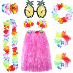 PRICES MAY VARY. 8 Pieces package included: 1 x grass hula skirt ,1 x leis flower necklace, 1 x flower leis elastic headband, 1 pair of leis flower elastic wristbands, 1 pair of flower bikini top, 1 pair of pineapple sunglasses, 1 x hibiscus flower hair clip Material: made of polyester cloth, polyester synthetic and silk; Soft and comfortable material make you be able to wear all night long Grass hula skirt long: 23.6 inch/ 60 cm, waistband extent is 25.5 - 43.3 inch/ 65-110 cm;The flower leis a Coconut Bra, Hawaiian Party Theme, Skirt Costume, Luau Party Decorations, Hula Skirt, Best Friend Halloween Costumes, Halloween Party Outfits, Party Sunglasses, Halloween Costumes Friends