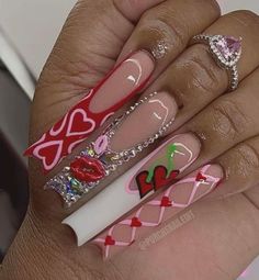 Valentin Nails Designs Love, Pink And Red Nail Designs, I Love Me Nails, Lipstick Nails Design, Cute Nail Sets, Vday Nails, Long Acrylic Nail Designs, Hard Nails, Spring Nail Designs