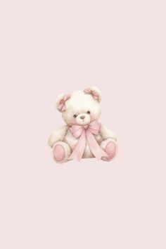 a white teddy bear with a pink bow on it's head sitting in front of a pink background