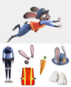 an animated rabbit is in the air next to various items