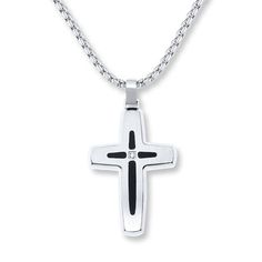 This sleek men's cross necklace is crafted of stainless steel with black resin and a single diamond accent. The pendant glides along a 24-inch box chain. Levian Jewelry, Mens Cross Necklace, Mens Gemstone Rings, Jewelry Advice, Mens Crosses, Gold Chains For Men, Necklace Diamond, Black Resin, White Necklace