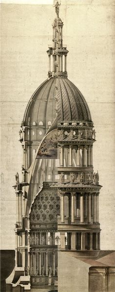 an old drawing of a building with a dome on it's top and other architectural details