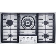 a stainless steel gas stove top with four burners and knobs on the front