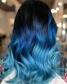 Royal Blue Ombre Hair, Blue Ombre Hair Color For Brunettes, Blue Faded Hair, Subtle Hair Color Fun For Brunettes, Blue Hair Dye Ideas For Brunettes, Midnight Blue Hair Ombre, Electric Blue Hair Highlights, Brown To Blue Ombre Hair