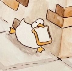 a drawing of a duck in front of a brick wall with bricks on the ground