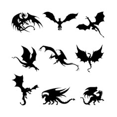 black and white silhouettes of different types of dragon's wings on a white background