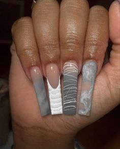 White And Grey Nails, Black And White Marble Nails, Grey Nails Ideas, Marble Nail Ideas, Gray Nail Designs, White Marble Nails, Black Marble Nails, Marble Acrylic Nails, Ballerina Acrylic Nails