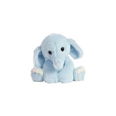 a blue stuffed elephant sitting on top of a white floor