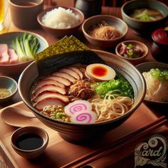 a bowl of ramen with chopsticks and sauce