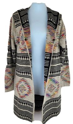 NWT Kamana Sweater Rainbow Boho Aztec Large 3/4 length hooded Soft Comfortable. This is a fabulous southwestern sweater featuring a traditional multicolor southwest design. This Kamana sweater is not only stylish but very soft and chic. It feels as great as it looks. Lightweight but warm, it's just right for cool evenings or mornings. The material used to create this awesome long cardigan is 100% soft acrylic for a rich high quality feel, you will love.  Please see pictures. Aztec Sweater Casual, Southwestern Clothing, Aztec Sweaters For Women, Aztec Print Cardigan Outfit, Aztec Clothing, Southwest Cardigan, Aztec Sweater Cardigan, Aztec Sweater, Southwest Design