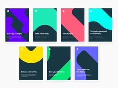 six colorful brochures with different shapes