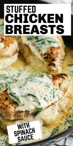 This spinach stuffed chicken breast recipe can be customized to include favorite add-ins like mushrooms and asparagus. Go for tomatoes and feta cheese to completely change things up! #spendwithpennies #spinachstuffedchickenbreast #entree #recipe #stuffedchicken #healthy #cheesy #creamy #easy #spinach Spinach Stuffed Chicken Breast Recipes, Spinach Stuffed Chicken Breast, Creamy Spinach Sauce, Stuffed Chicken Breast Spinach, Steamed Veggies, Stuffed Chicken Breasts, Cheese Stuffed Chicken Breast, Mussels Recipe