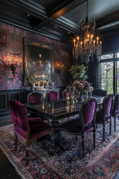 a dining room with purple chairs and a chandelier