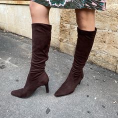 Faux Suede Vintage Boots High Knee Length Stretchy, Fun And Comfortable Dark Brown Size 8 European Brand Trendy Fitted Brown Heeled Boots, Chic Tall Brown Boots, Chic Brown Wide Calf Knee-high Boots, Chic Wide Calf Brown Knee-high Boots, Boots High Knee, Chic Brown Knee-high Boots For Fall, Vintage Brown Knee-high Boots For Winter, Brown Medium Width Knee-high Boots For Formal, Fitted Brown Suede Knee-high Boots