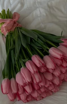 pink tulips laid out on a white sheet