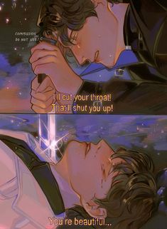 an anime scene with two people kissing and the caption reads, i'll cut your throat that shut you up