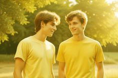 two young men standing next to each other in front of trees and grass, with the sun shining on them