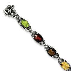 Sterling Silver Amethyst/Citrine/Garnet/Peridot/Smoky Quartz Bracelet. Material: Primary - Purity:925|Finish:Antiqued|Stone Type_1:Peridot|Stone Type_2:Garnet|Stone Type_3:Smoky Quartz|Stone Type_4:Citrine|Stone Type_5:Amethyst|Stone Color_1:Green|Stone Color_2:Red|Stone Color_4:Yellow|Stone Color_5:Purple|Stone Quantity_1:1|Stone Quantity_2:2|Stone Quantity_3:2|Stone Quantity_4:2|Stone Quantity_5:2|Length of Item:7.25 in|Stone Setting_1:Prong Set|Stone Setting_2:Prong Set|Stone Setting_3:Prong Set|Stone Setting_4:Prong Set|Stone Setting_5:Prong Set|Stone Weight_1:1.53 ct|Stone Weight_2:1.530 ct|Stone Weight_3:1.350 ct|Stone Weight_4:1.350 ct|Stone Weight_5:1.350 ct|Chain Length:7.25 in|Chain Width:10 mm|Clasp /Connector:Box Catch|Feature:Solid|Manufacturing Process:Casted|Material: Primar Multi Gemstone Bracelet, Antique Bracelets, Citrine Stone, Yellow Stone, Amethyst Purple, Quartz Bracelet, Fine Jewelry Gift, Smoky Quartz, Purple Amethyst