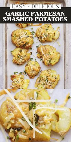 garlic parmesan smashed potatoes on a baking sheet with text overlay that reads easy delicious garlic parmesan smashed potatoes