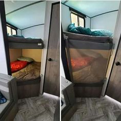 two pictures of the inside of a camper with bunk beds and sleeping bags in it