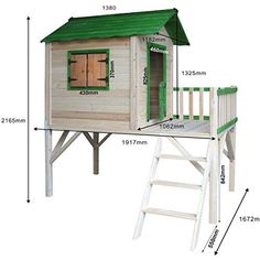 a wooden tree house with green roof and steps to the upper level, measurements for it