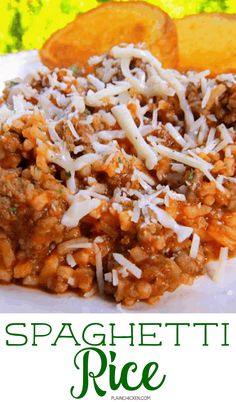 spaghetti and rice on a white plate with the words spaghetti pie written in green lettering