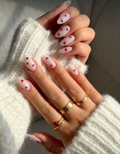 Heart Print Nails, Nails With Hearts On Them, Nude Nails With Heart Design, Nail With Heart Design, Nail Art Heart Design, Mini Heart Nails, White Nails With Hearts, Simple Heart Nail Designs, Trendy Nails Nude