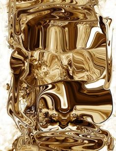 an abstract image of gold and brown colors on a white background with the reflection of another object in it's center