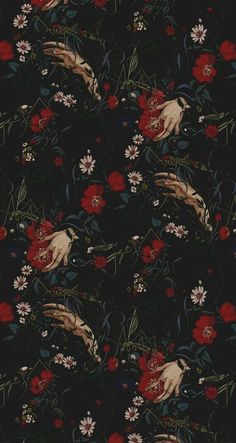 a black background with red flowers and two hands reaching for something in the air on it