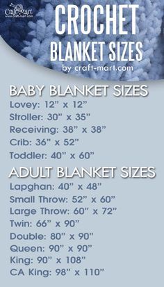 the crochet blanket size guide for babies and toddlers is shown in blue