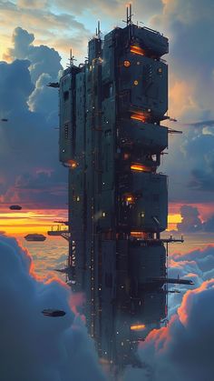 a tall building surrounded by clouds at sunset