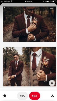 the man is wearing a suit and tie with flowers on his lapel, while standing in front of trees