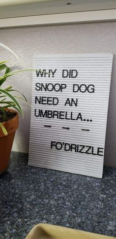 a sign that says, why did snoop dog need an umbrella? forzzle