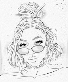 a drawing of a woman with glasses on her head