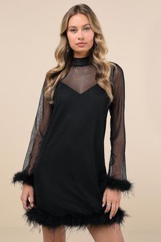 A wow-worthy look like the Lulus Immaculate Charisma Black Mesh Feather Long Sleeve Mini Dress will impress at party after party this holiday season! This darling dress features a sheer mesh overlay (with a dainty polka dot design throughout) that shapes a chic mock neckline, a sheer dÃ©colletage, long sleeves with fluffy feather-trimmed cuffs, and a sheath silhouette with a mini hem and additional feather trim. The matching satin liner features adjustable spaghetti straps and a slip-style desig Sheer Overlay Dress, Casual Formal Dresses, Lulu Fashion, Feather Trim, Casual Wedding Dress, Black Short Dress, Darling Dress, Overlay Dress, Polka Dot Design