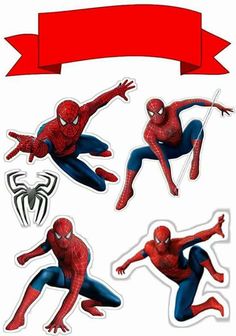 the amazing spider man stickers are shown in four different poses, with a red ribbon on